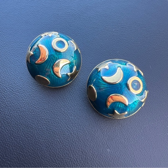KJL by Kenneth Jay Lane Blue and Gold Moon, Star & Sun Clip Dome Earrings - Picture 1 of 4
